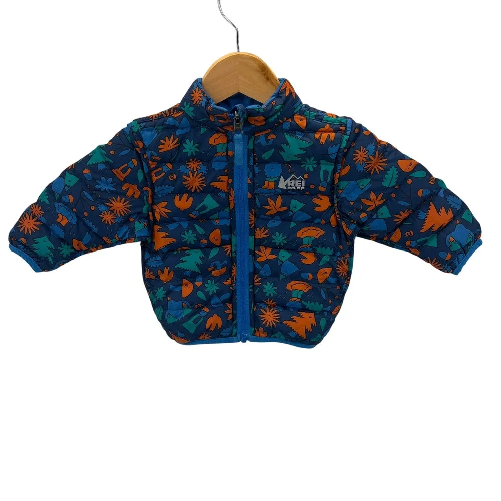 REI Co-op 650 Down Reversible Puffer Jacket Blue Whimsical Print Infant 18M
